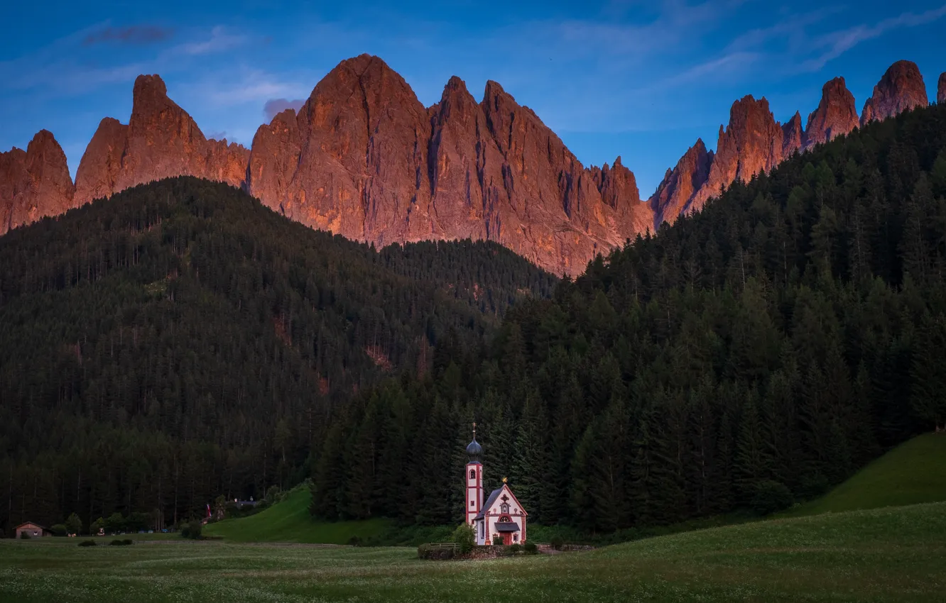 Photo wallpaper forest, mountains, Alps, Church