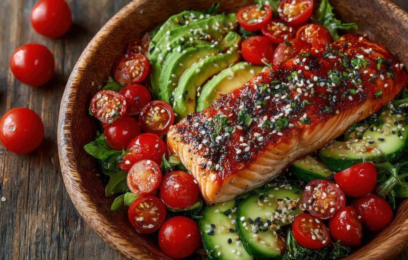 Photo wallpaper food, fish, seeds, plate, vegetables, tomatoes, dish, sesame