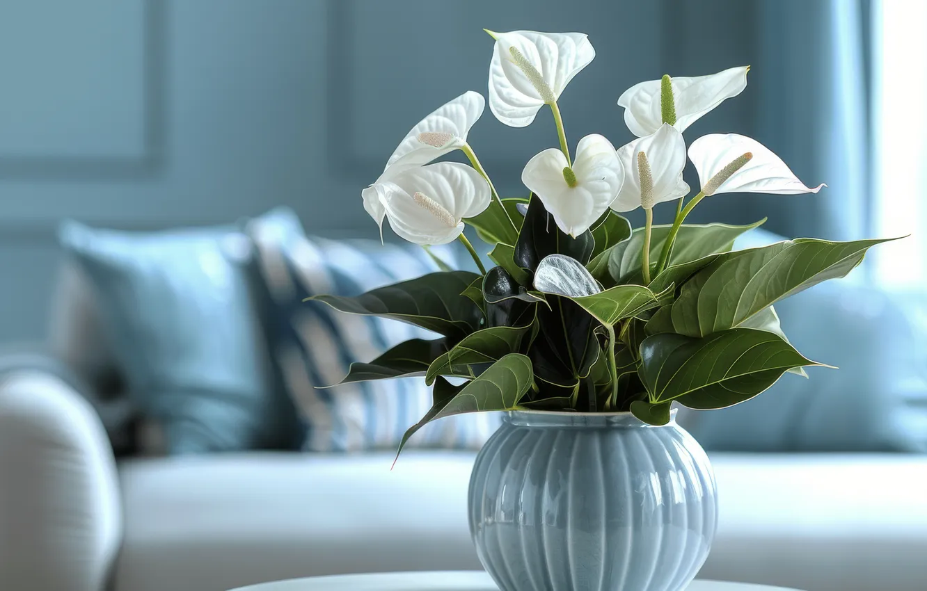 Photo wallpaper leaves, flowers, table, room, sofa, interior, bouquet, pillow