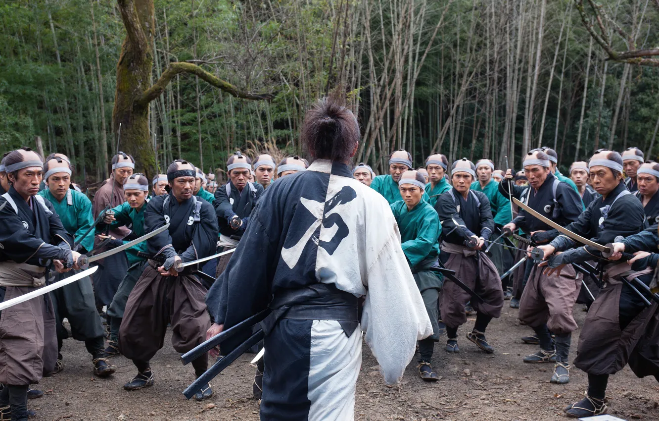 Photo wallpaper cinema, Japan, battlefield, sword, forest, anime, man, army