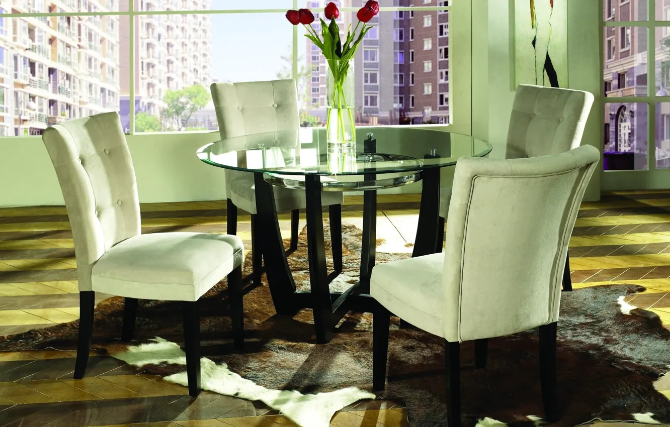 Photo wallpaper flowers, design, table, interior, window, chair, vase, modern