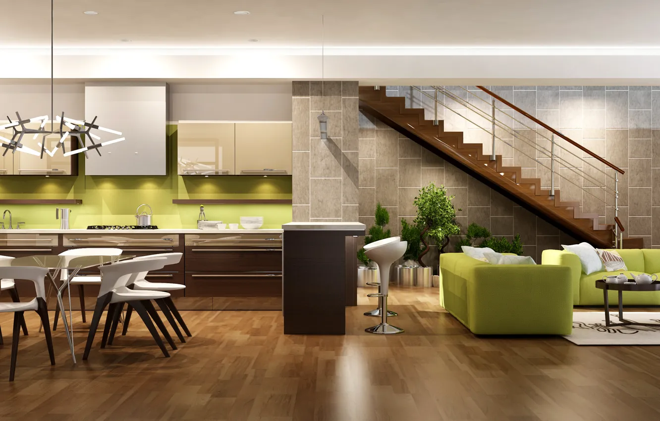 Photo wallpaper design, table, interior, chair, chandelier, living room