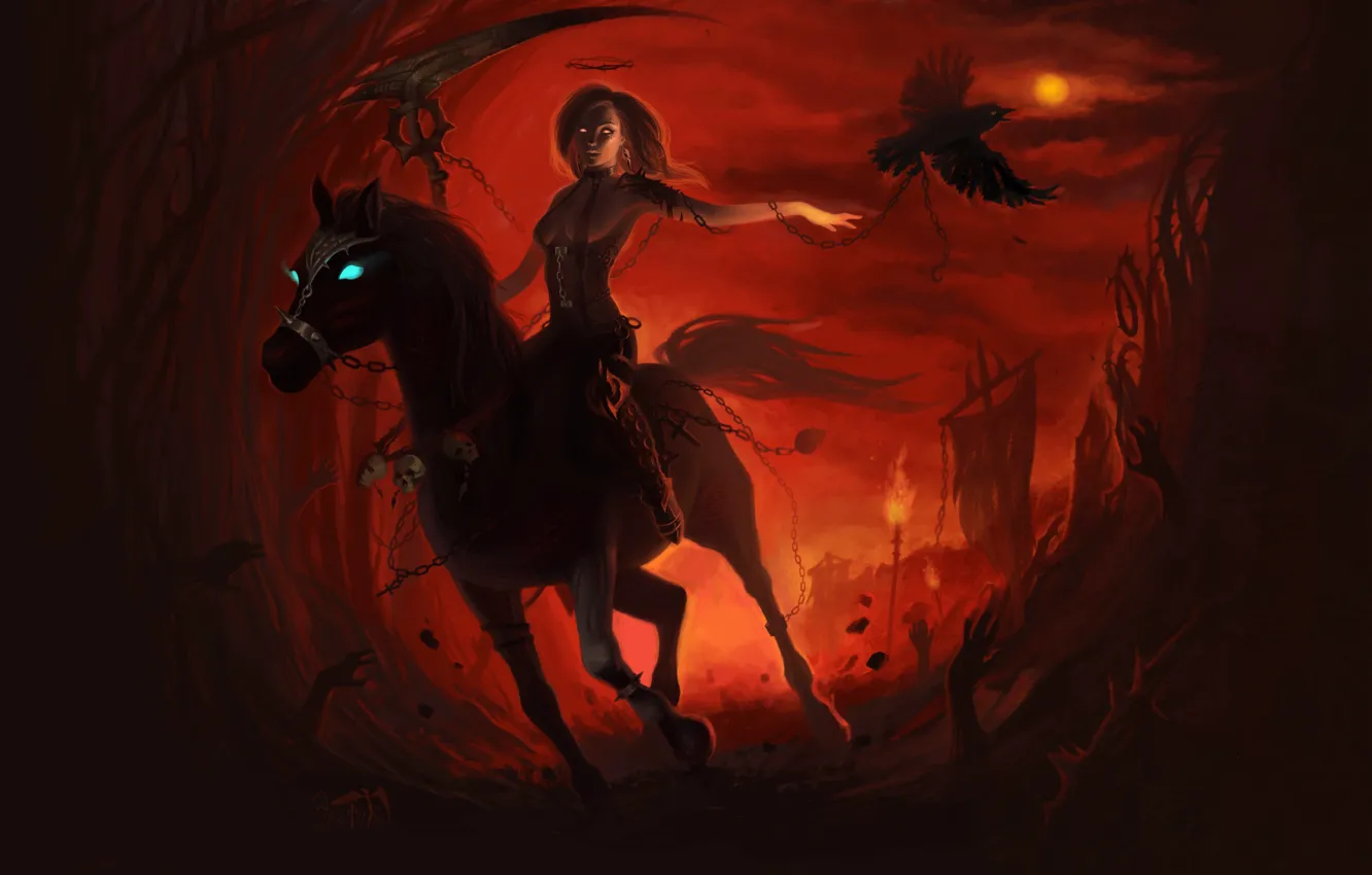 Photo wallpaper girl, death, horse, horse, chain, crows, braid, Hell