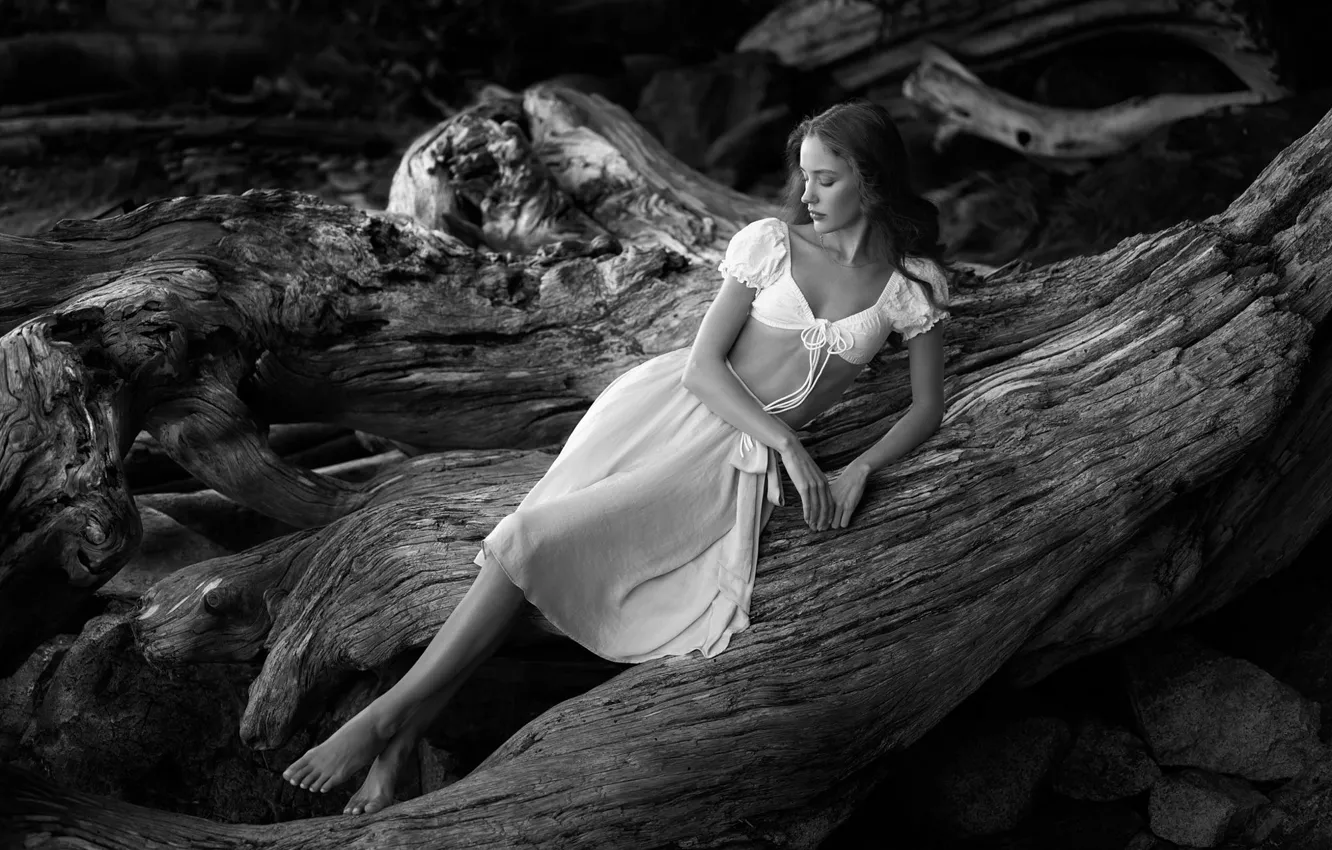Photo wallpaper girl, pose, the dark background, tree, feet, skirt, snag, log