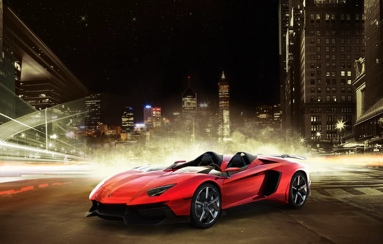 Photo wallpaper night, red, city, the city, skyscrapers, Lamborghini, red, night