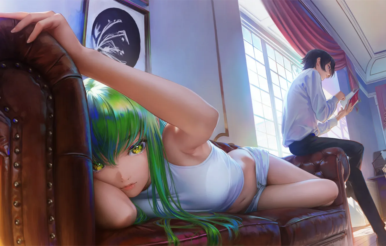 Photo wallpaper Code Geass, anime, chair, women, window, digital art, green hair, anime girls