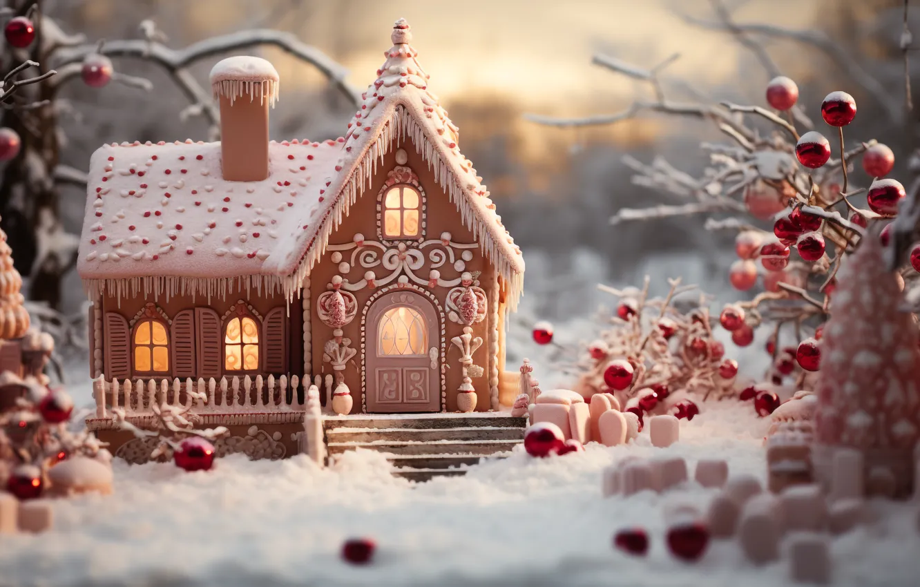 Photo wallpaper winter, balls, snow, branches, new year, cookies, Christmas, sweets