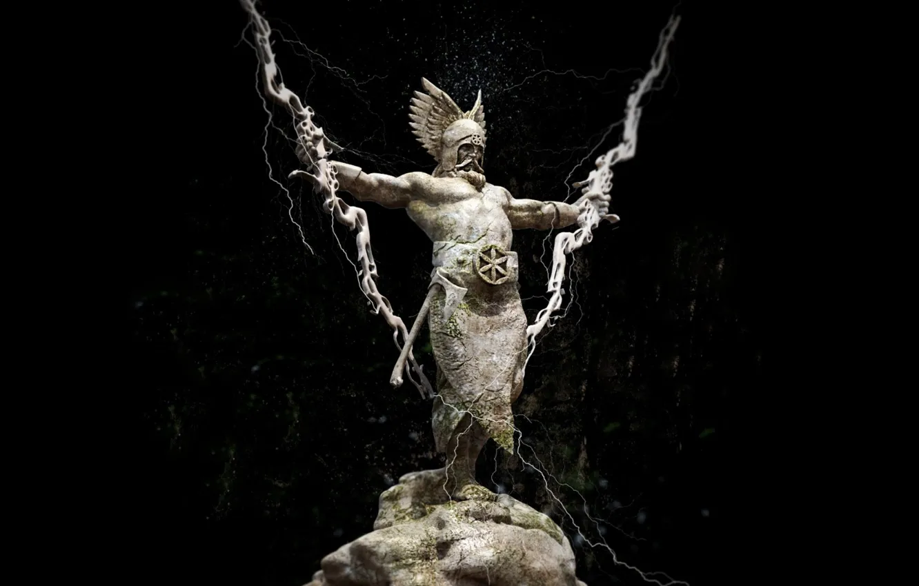 Photo wallpaper Statue, Helmet, Zipper, Black background, Axe, The God Of Thunder, Perun, Slavic God