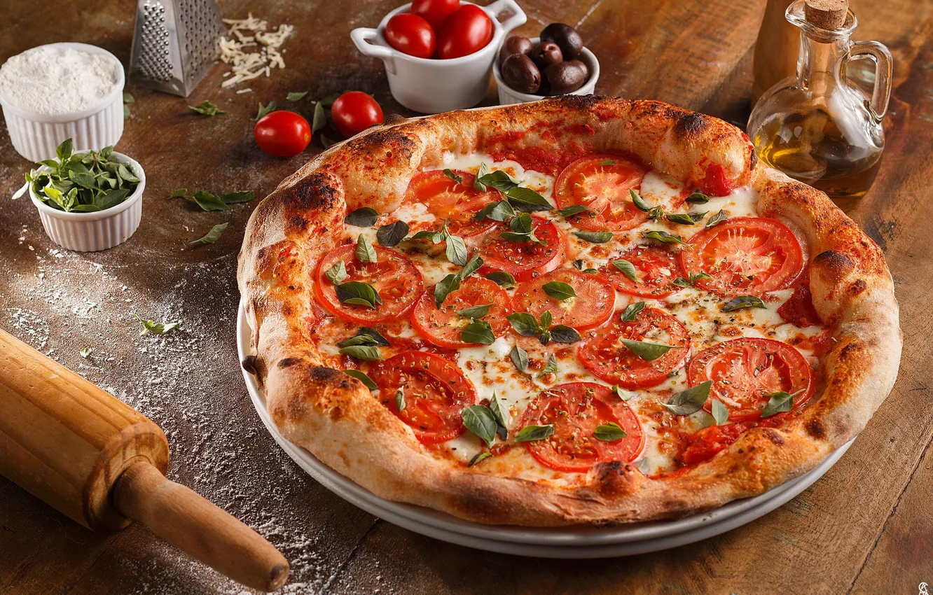 Photo wallpaper tomatoes, olives, rolling pin, pizza