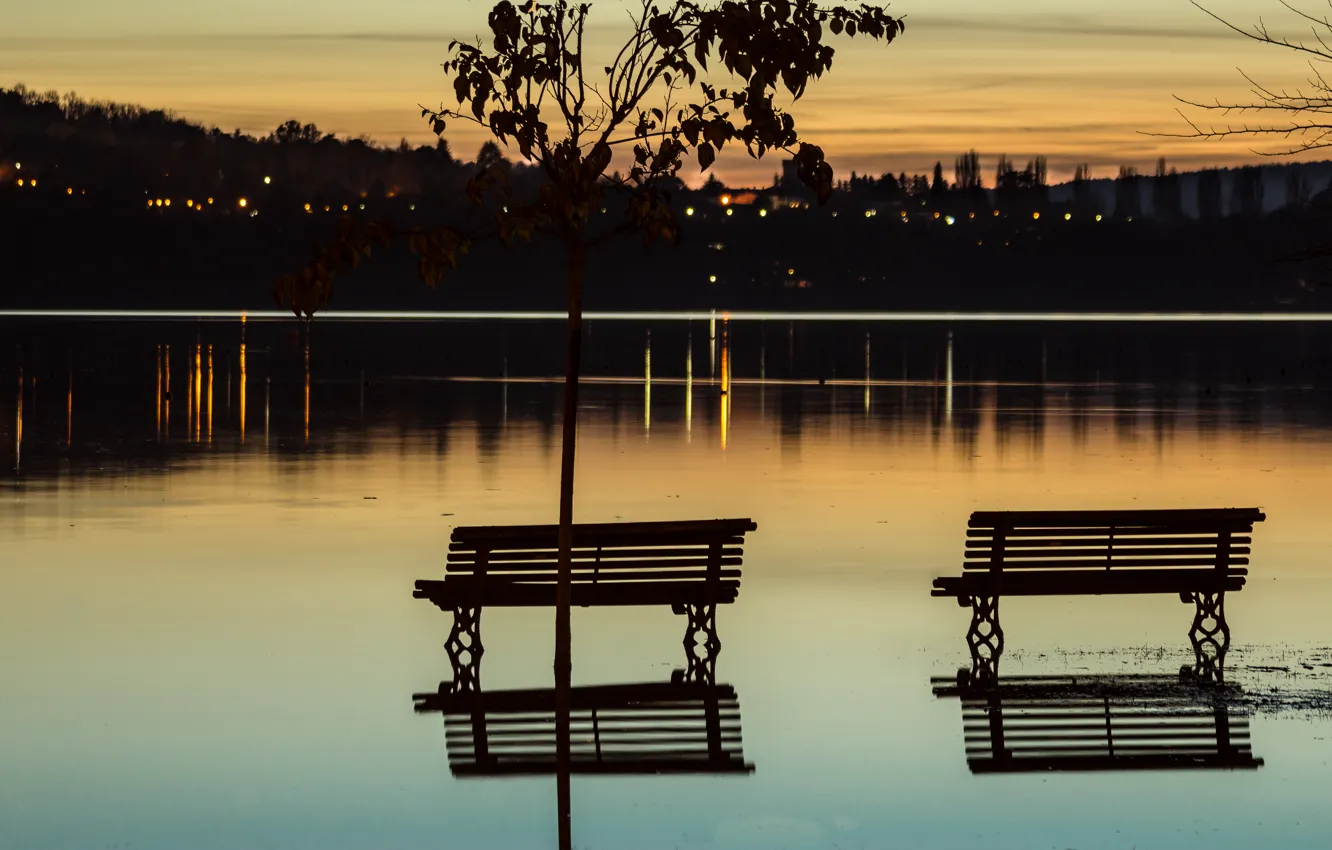Photo wallpaper sunset, bench, nature, lake, nature, sunset, lake, evening