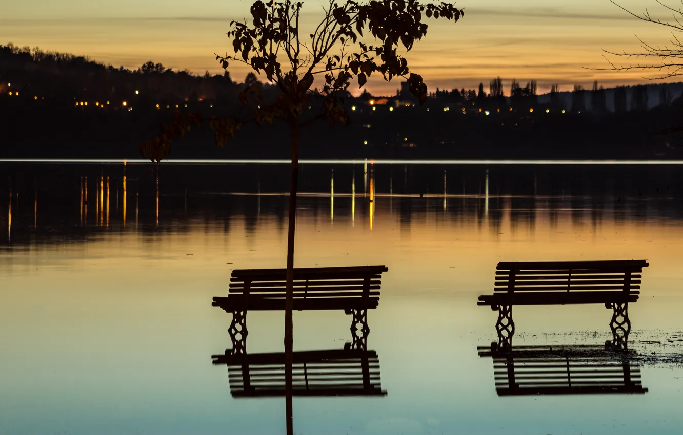 Photo wallpaper sunset, nature, lake, nature, sunset, lake, evening, bench