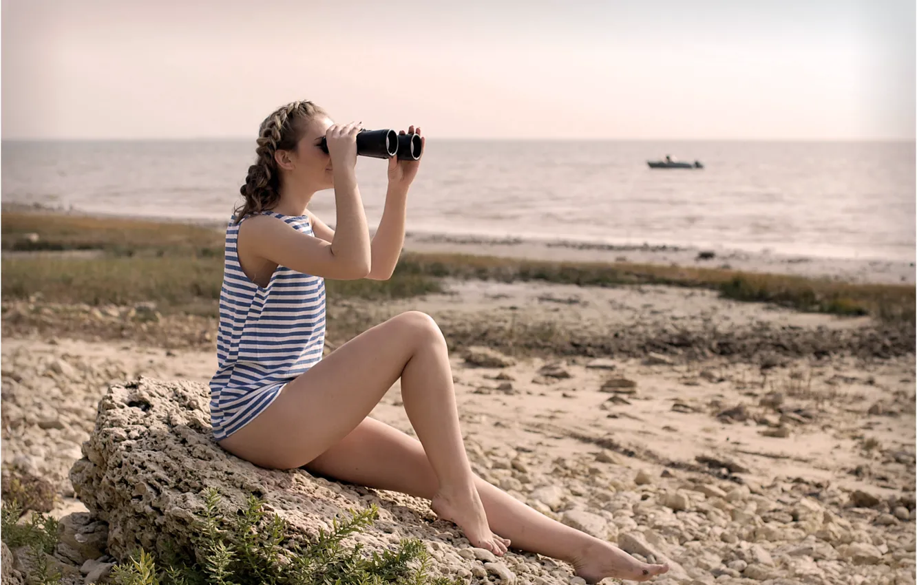 Photo wallpaper sand, look, stones, shore, boat, binoculars, brown hair, vest