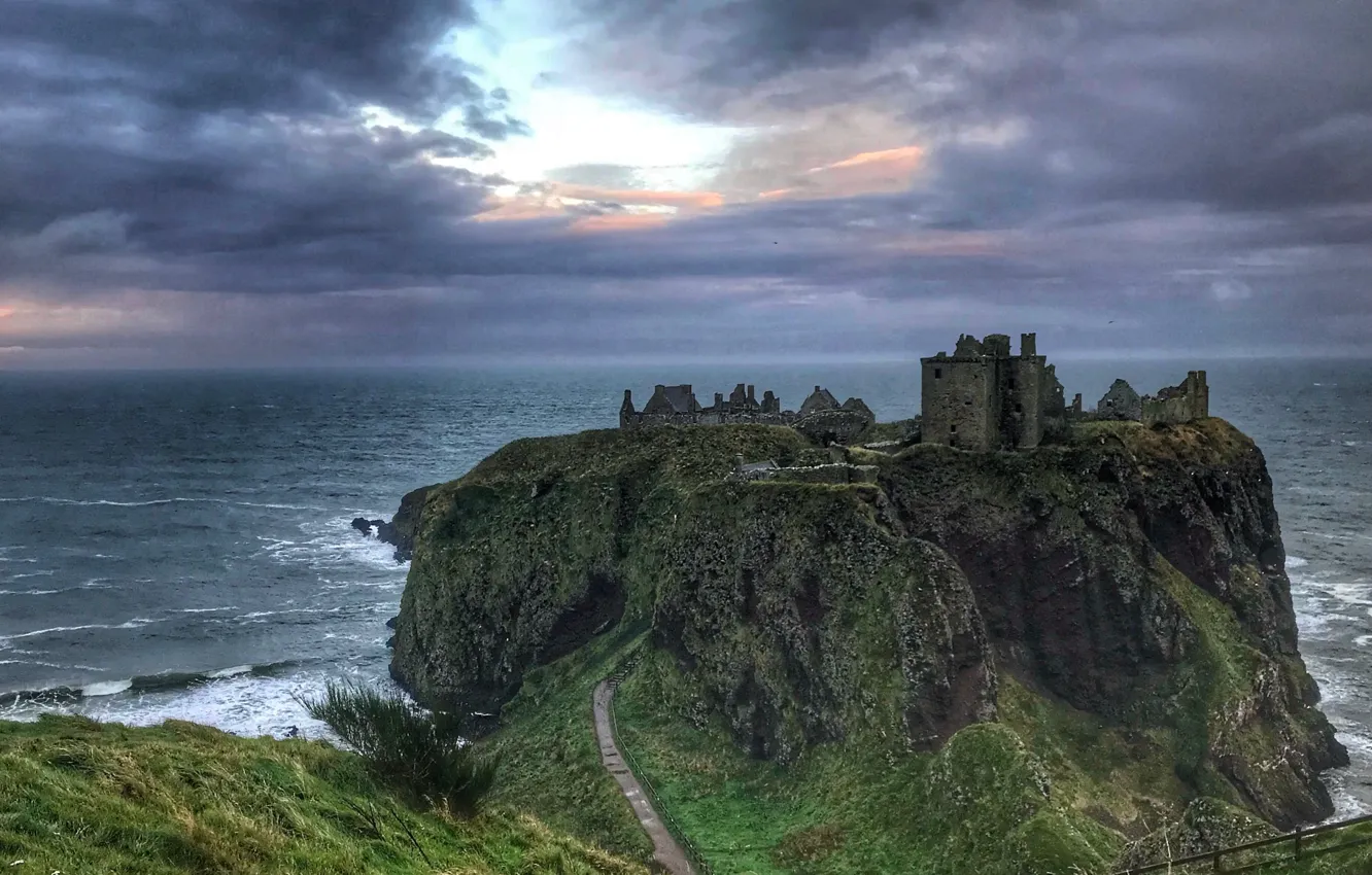Photo wallpaper sea, the sky, clouds, Scotland, ruins, Dunnottar castle, medieval architecture