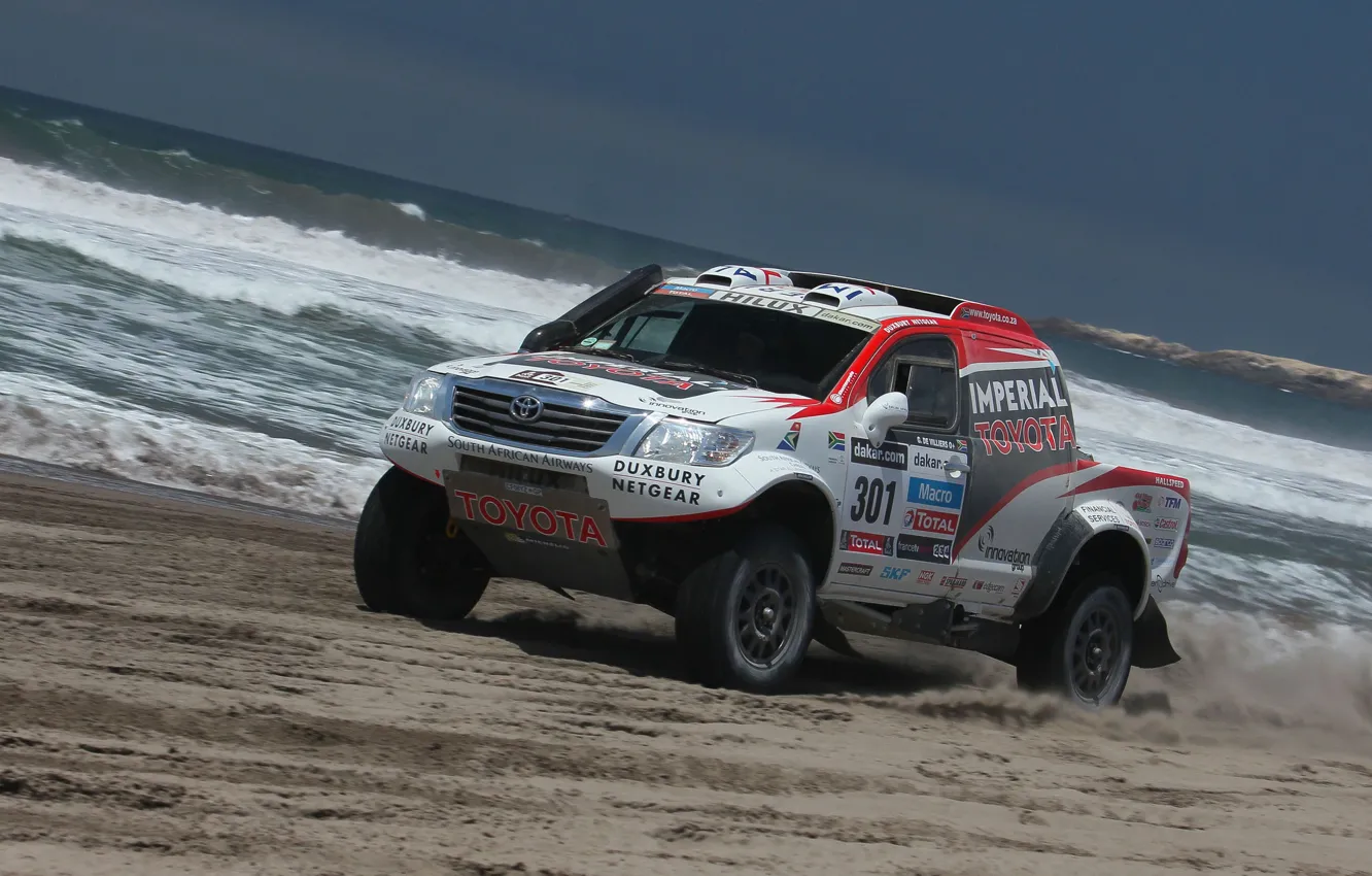 Photo wallpaper Water, Sea, Machine, Shore, Toyota, Rally, Dakar, SUV