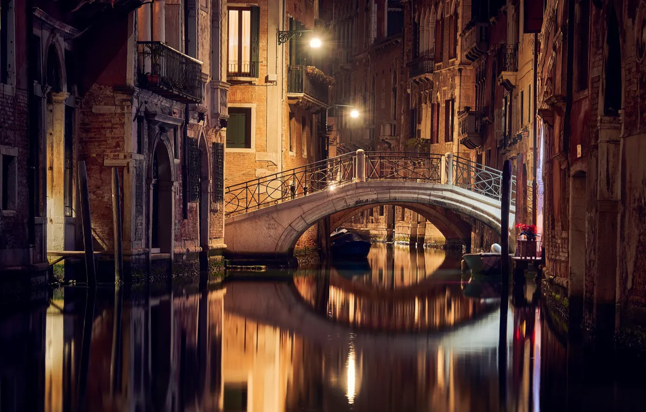 Photo wallpaper night, bridge, lights, home, Italy, Venice, channel