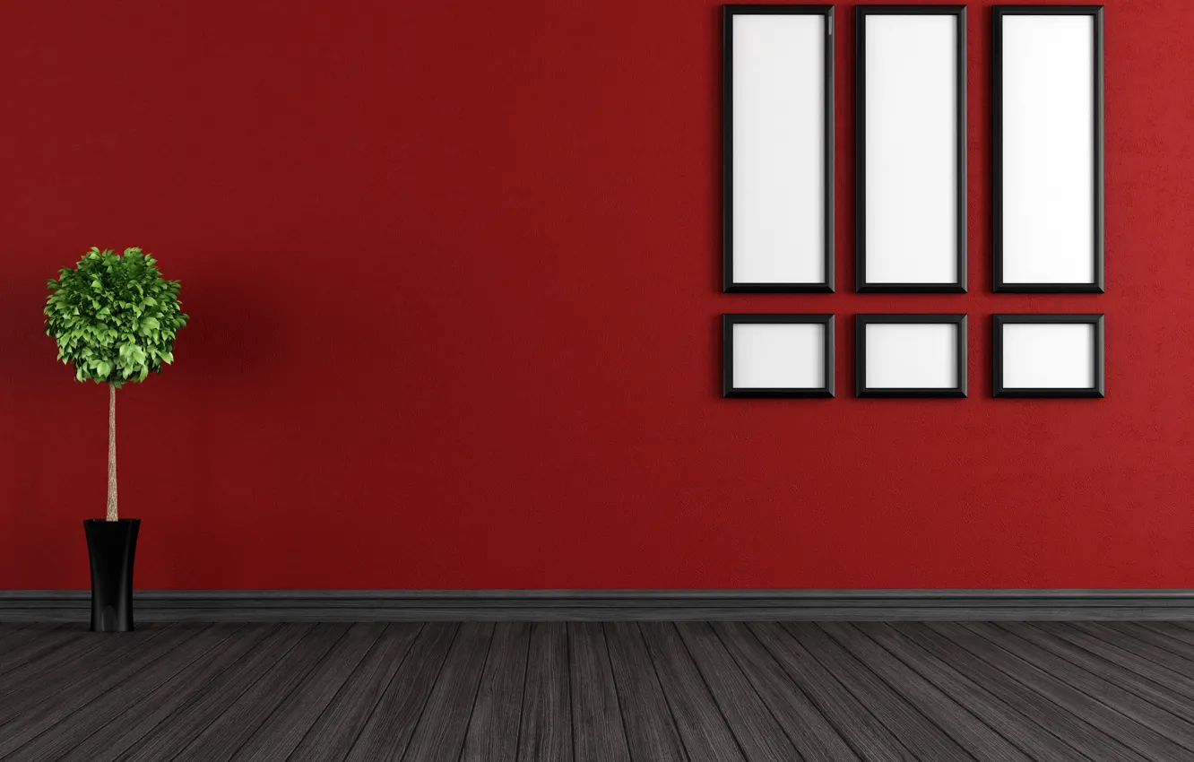 Photo wallpaper red, wall, ground, white boxes with black frame
