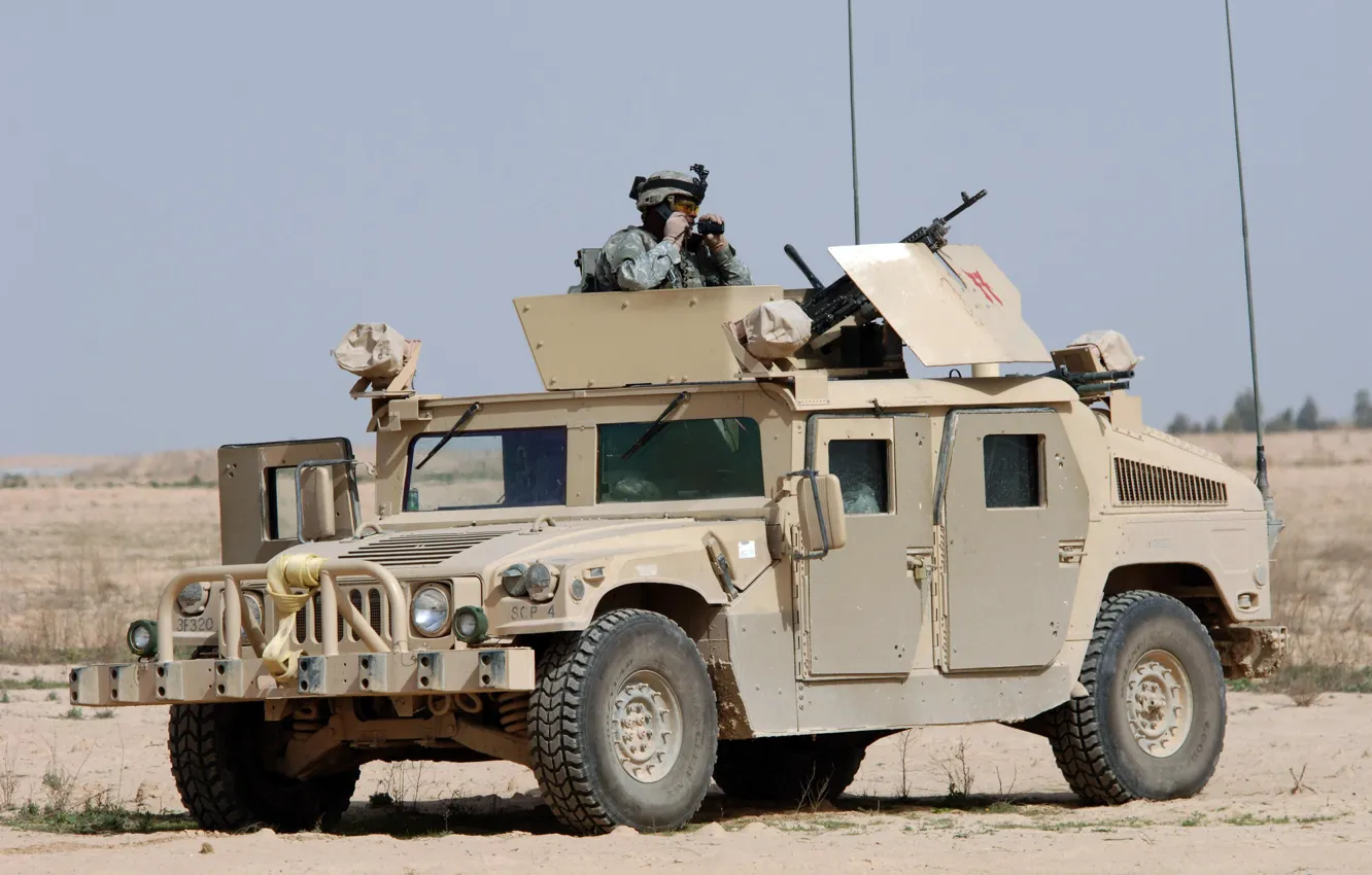 Photo wallpaper soldier, desert, military, weapon, man, sand, American, armored