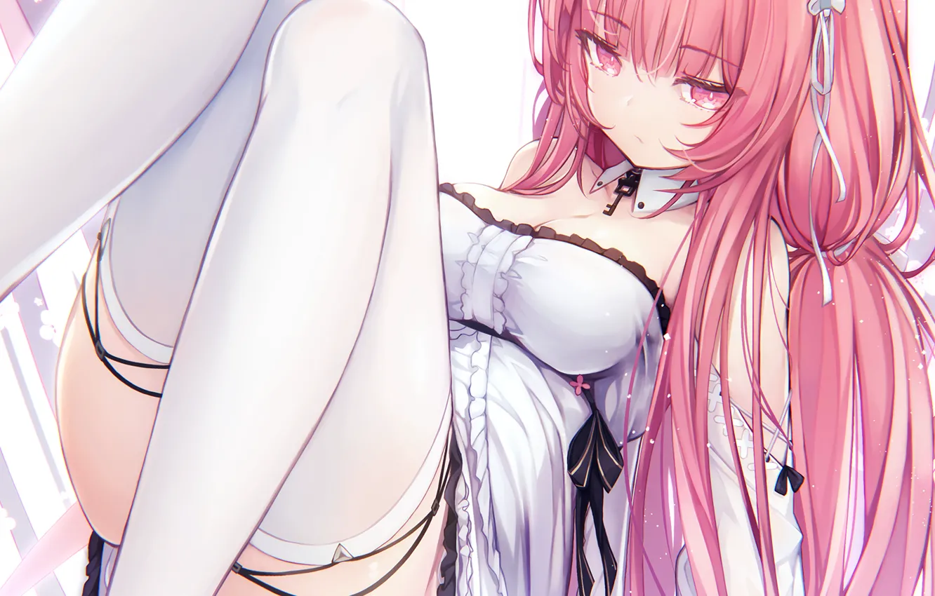 Photo wallpaper girl, sexy, cleavage, thighhighs, pink hair, long hair, dress, boobs