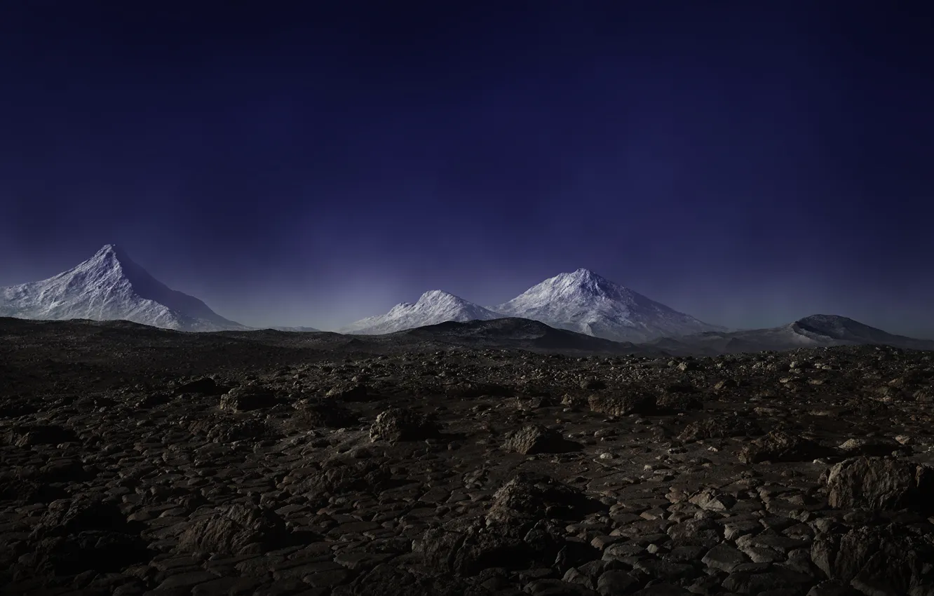 Photo wallpaper snow, mountains, stones, art