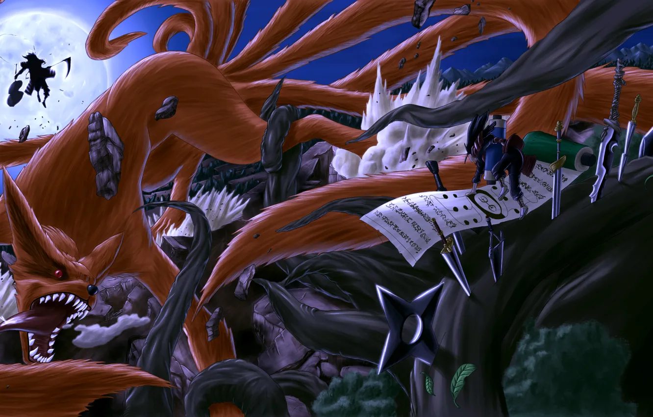 Photo wallpaper night, weapons, the moon, art, battle, naruto, kyuubi, senju hashirama