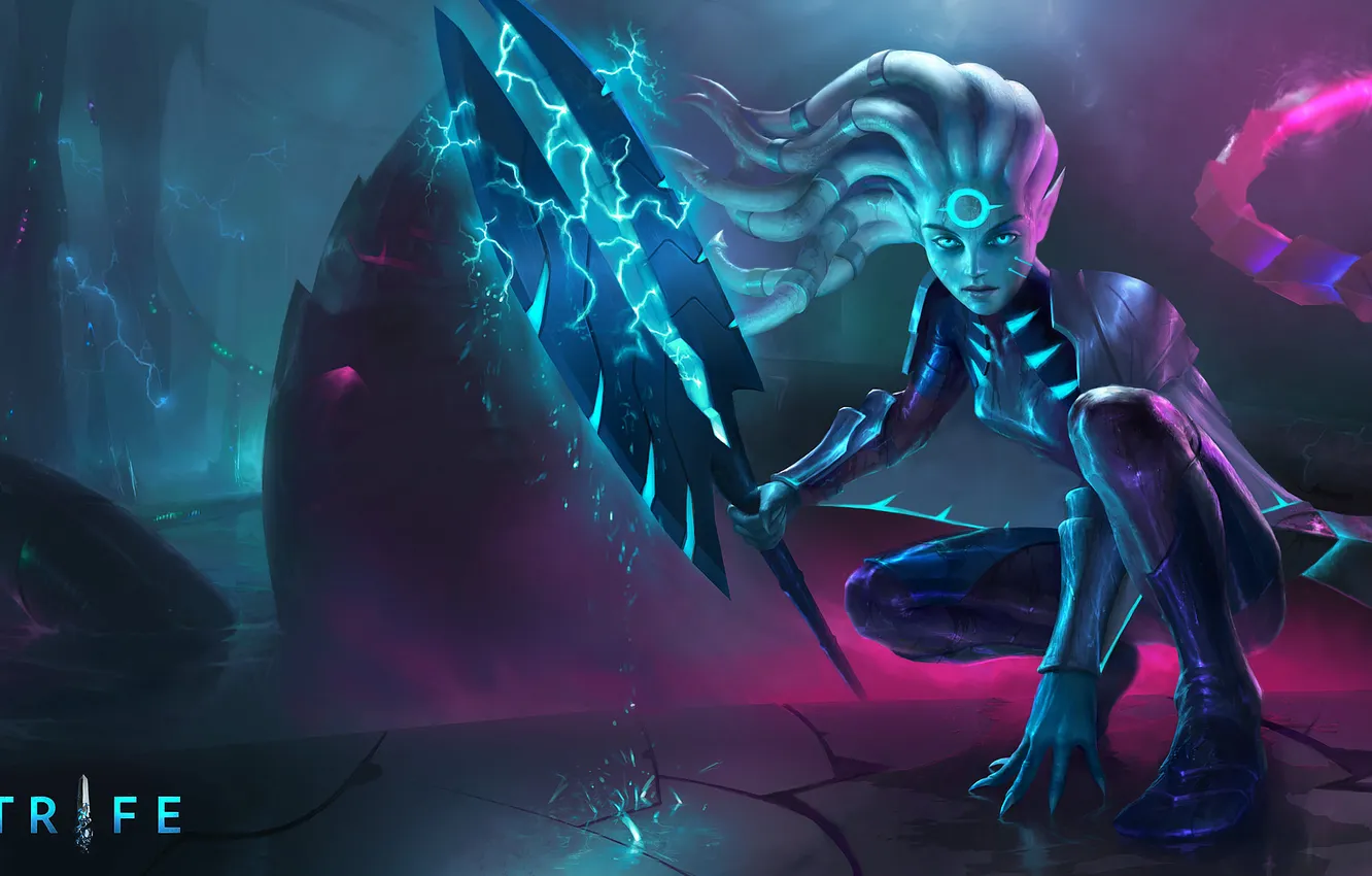 Photo wallpaper girl, weapons, lightning, art, tail, Strife, Minerva