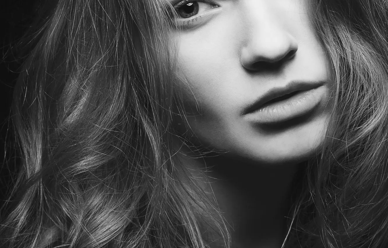 Photo wallpaper girl, hair, black and white, look. face