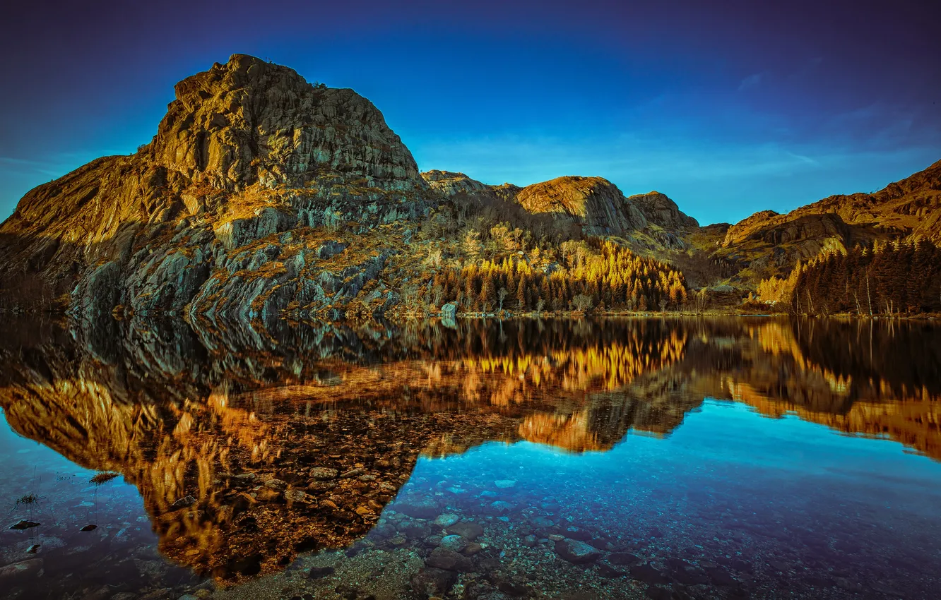 Photo wallpaper water, trees, lake, reflection, stones, rocks, Norway, Rogaland