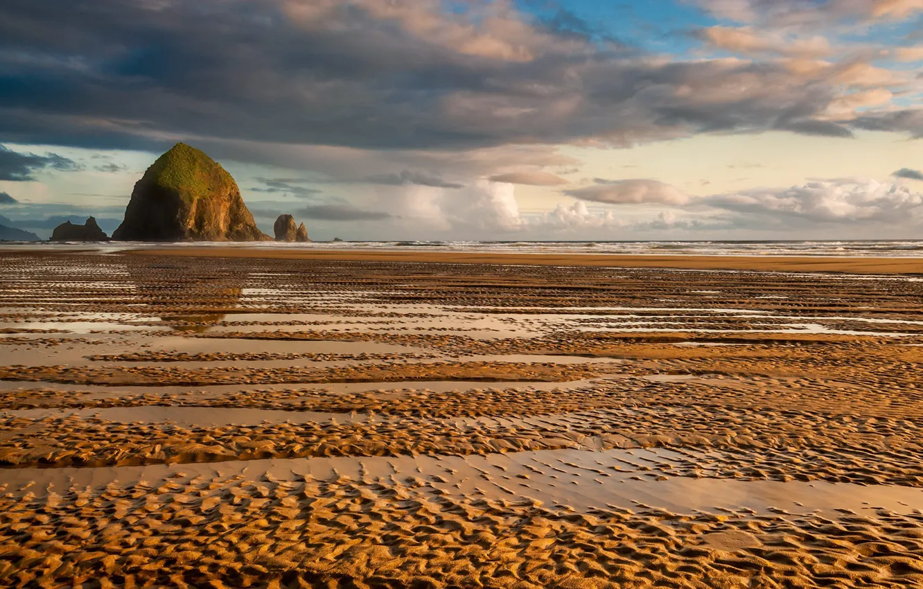 Photo wallpaper rock, Oregon, Pacific Ocean, sea, clouds, reflection, Cannon Beach, Sand Ripples