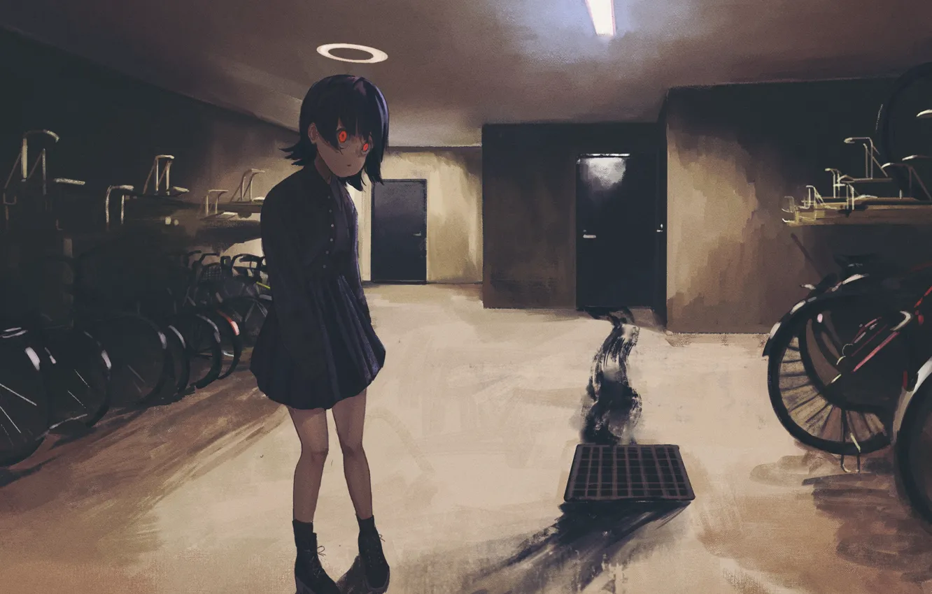 Photo wallpaper bike, girl, halo, the room, crazy eyes, black footprints