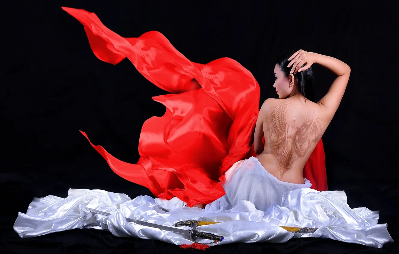 Photo wallpaper girl, wings, angel, sword, hands, tattoo, profile, Asian