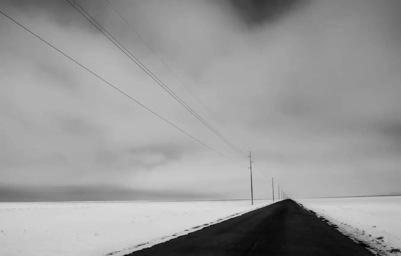 Photo wallpaper winter, road, field, snow, nature, perspective, power lines