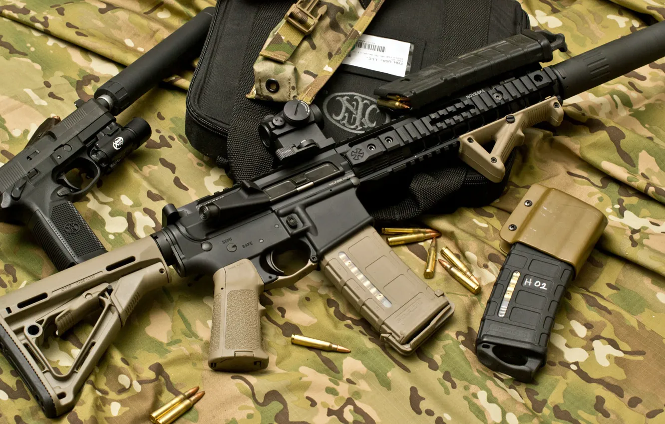 Photo wallpaper gun, bag, cartridges, muffler, stores, assault rifle, Herstal