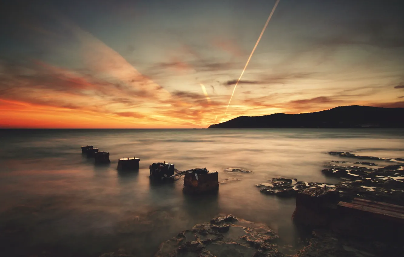 Photo wallpaper water, rays, stones, shore, the evening, Ibiza