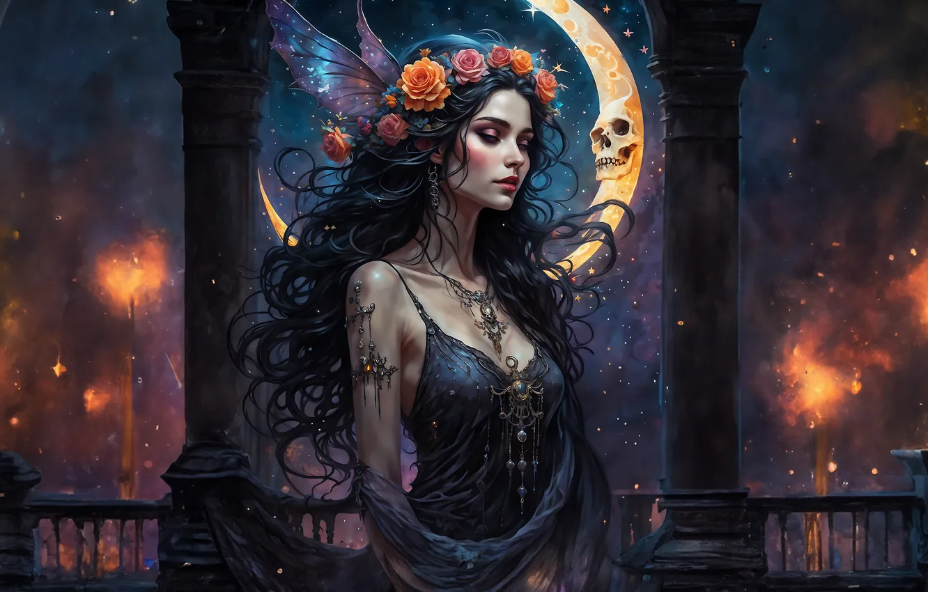 Photo wallpaper girl, light, decoration, flowers, night, lights, pose, the dark background