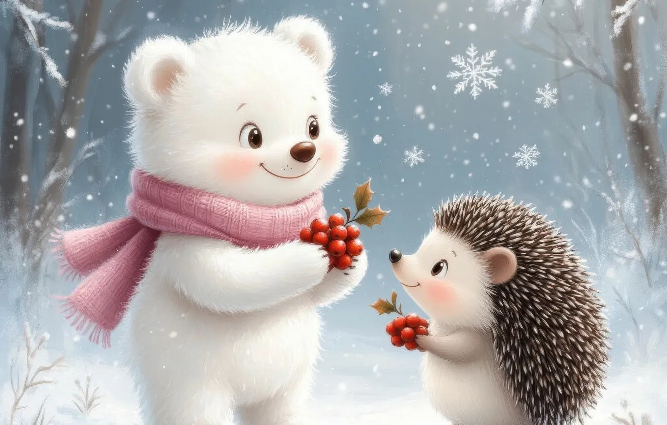 Photo wallpaper winter, forest, snow, snowflakes, new year, bear, Christmas, bear