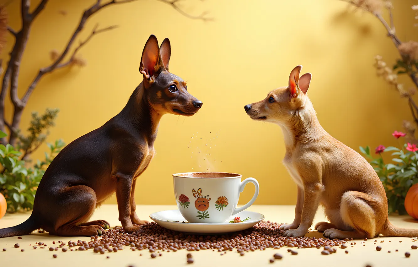 Photo wallpaper dogs, look, branches, pose, coffee, mug, Cup, placer