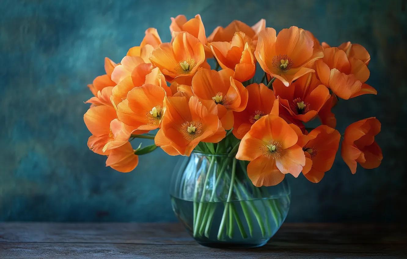 Photo wallpaper flowers, orange, bouquet, tulips, vase, AI art, neural network