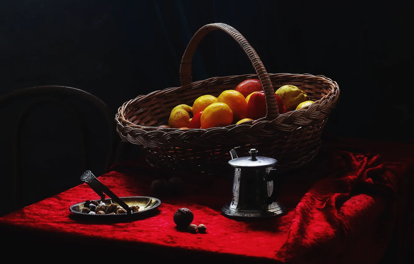 Photo wallpaper red, the dark background, table, lemon, apples, kettle, fabric, nuts