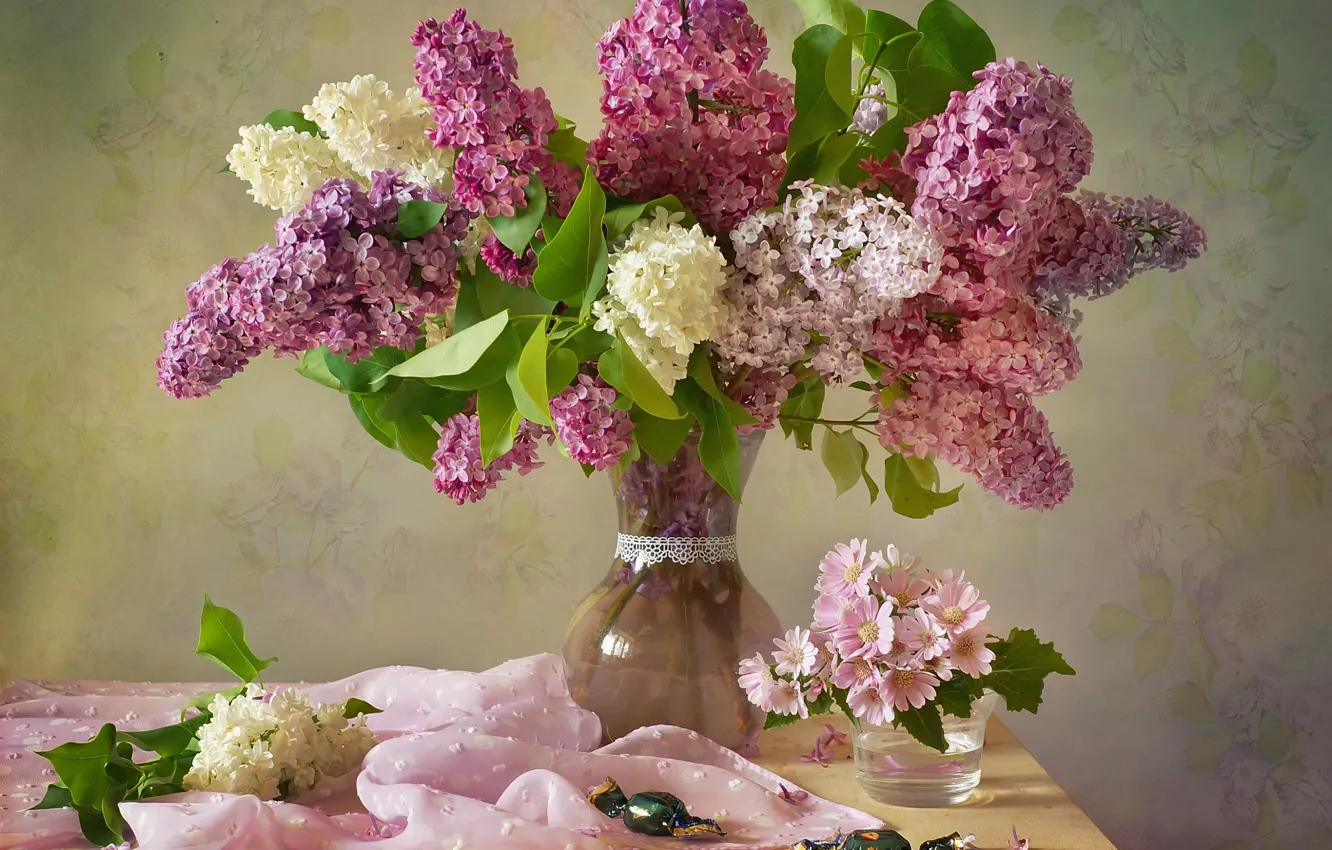 Photo wallpaper flowers, branches, glass, candy, fabric, vase, still life, lilac