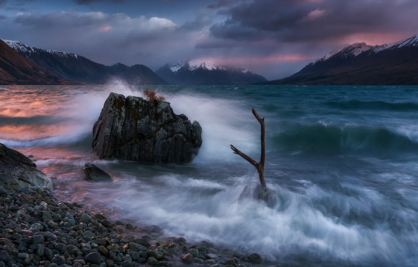 Photo wallpaper mountains, lake, dawn, stone, New Zealand, New Zealand, Southern Alps, Southern Alps
