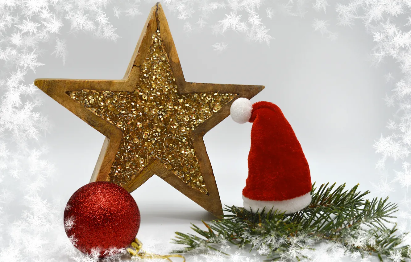 Photo wallpaper holiday, star, ball, Christmas, New year, Christmas decorations, the Santa hat, new year decorations