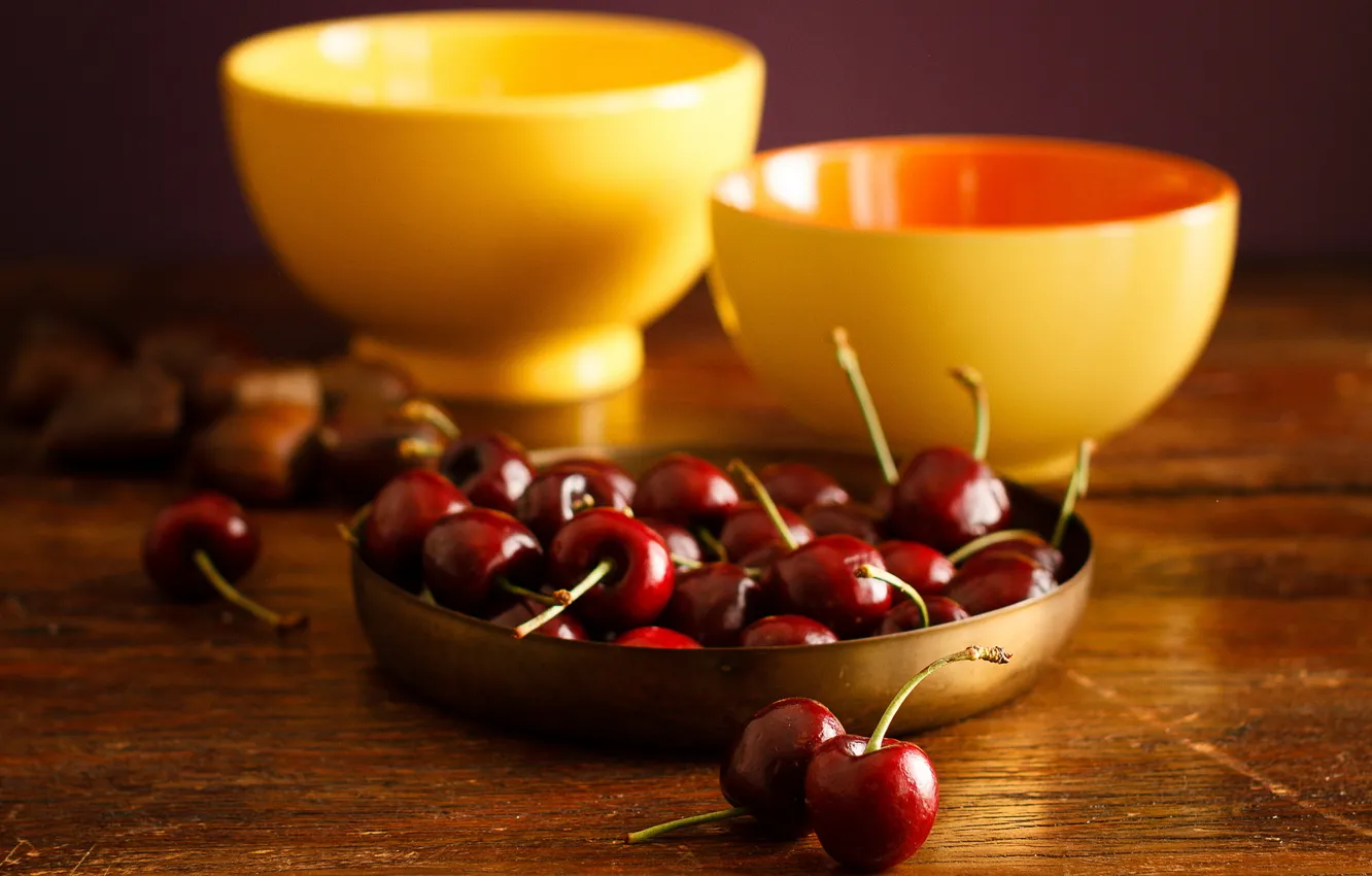 Photo wallpaper cherry, table, food, yellow, pair, fruit, still life, bowls