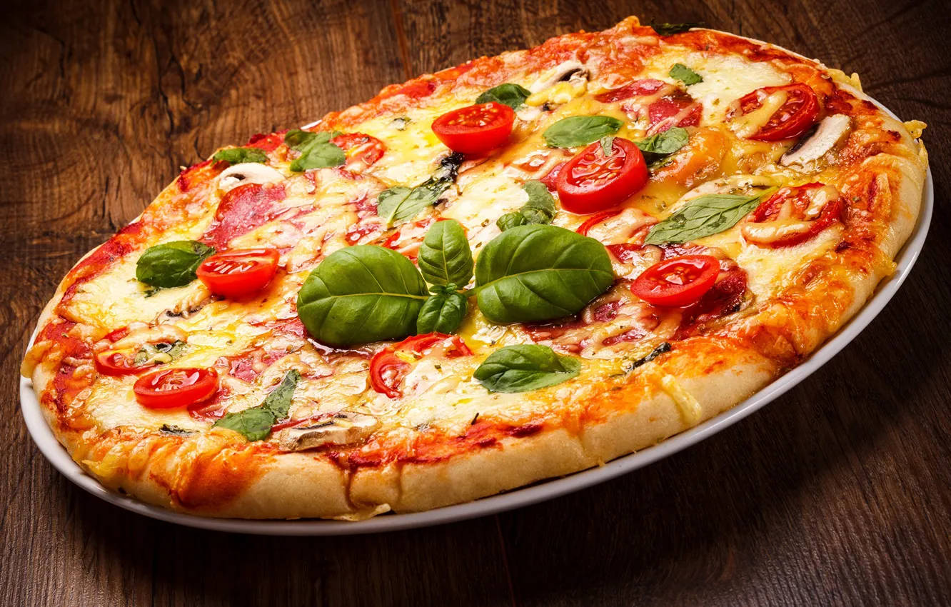 Photo wallpaper cheese, pizza, tomatoes, sausage, filling