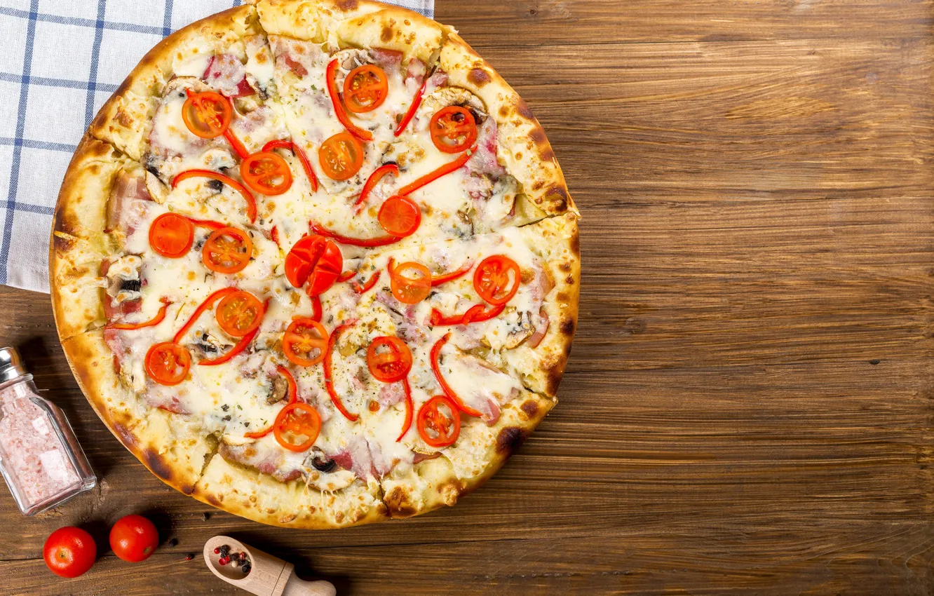 Photo wallpaper red, cheese, pepper, pizza, tomatoes, the dough