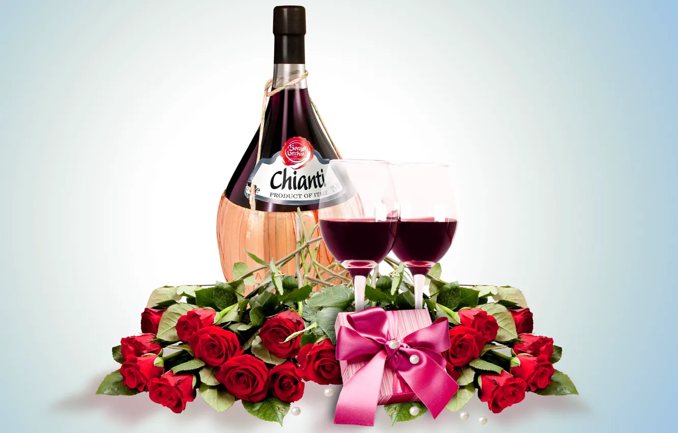 Photo wallpaper gift, wine, glass, roses, glass, wine, flowers, romantic