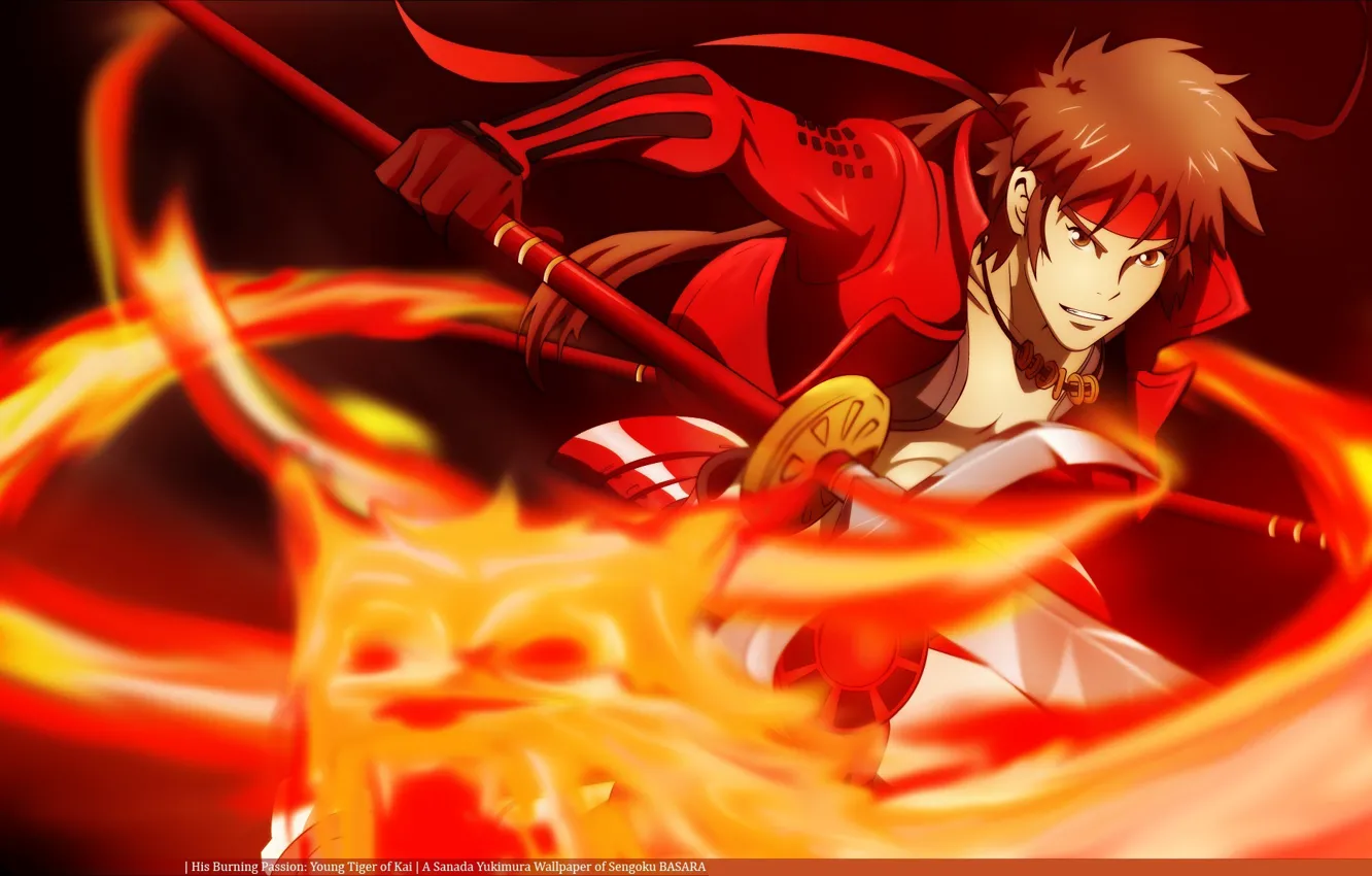 Photo wallpaper look, weapons, fire, flame, attack, samurai, Sengoku Basara, Yukimura Sanada