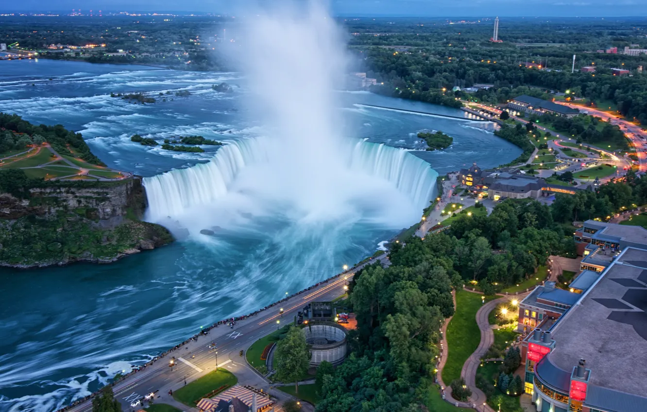 Photo wallpaper landscape, squirt, the city, river, road, waterfall, the evening, Niagara