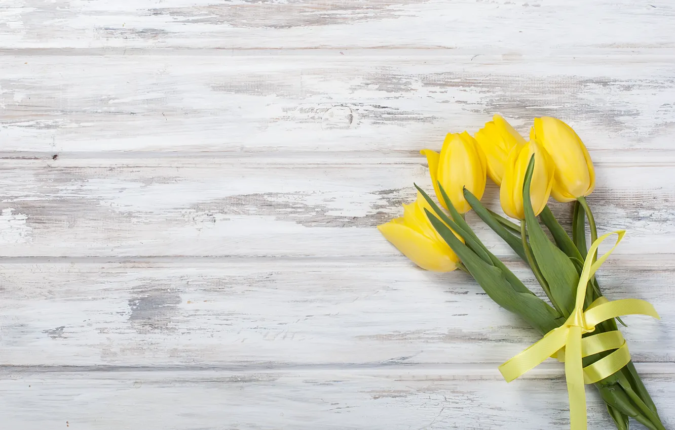 Photo wallpaper flowers, bouquet, tulips, Yellow ribbon
