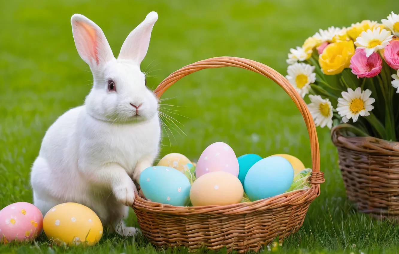 Photo wallpaper flowers, eggs, spring, colorful, Easter, flowers, spring, Easter