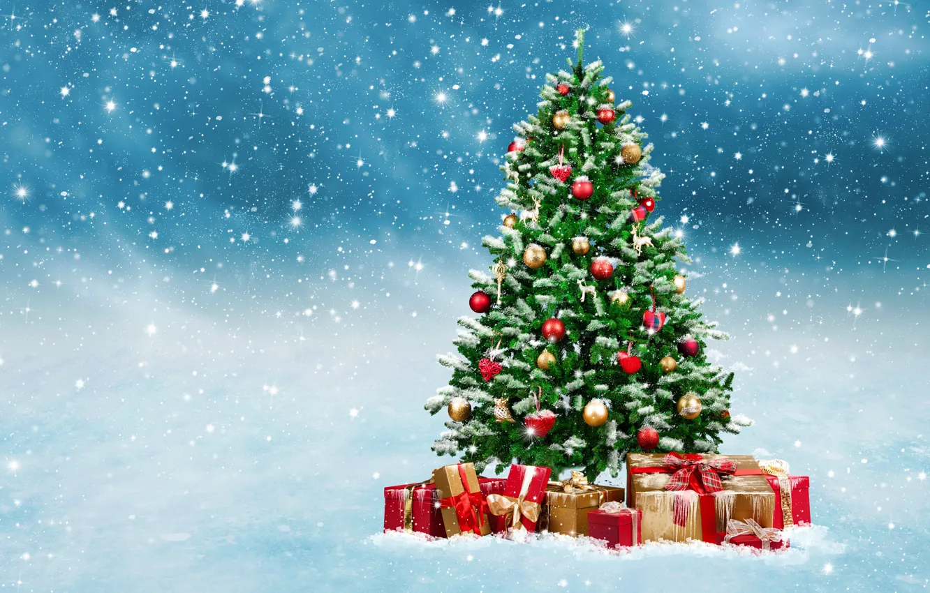 Photo wallpaper winter, snow, gift, balls, toy, tree, new year, Christmas